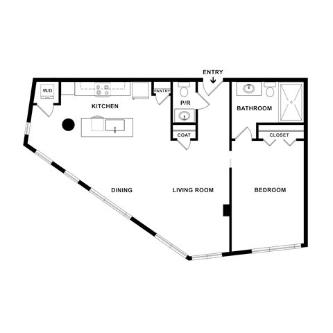 Floor plan for 1 bed, 1 bath, 1037 sqft